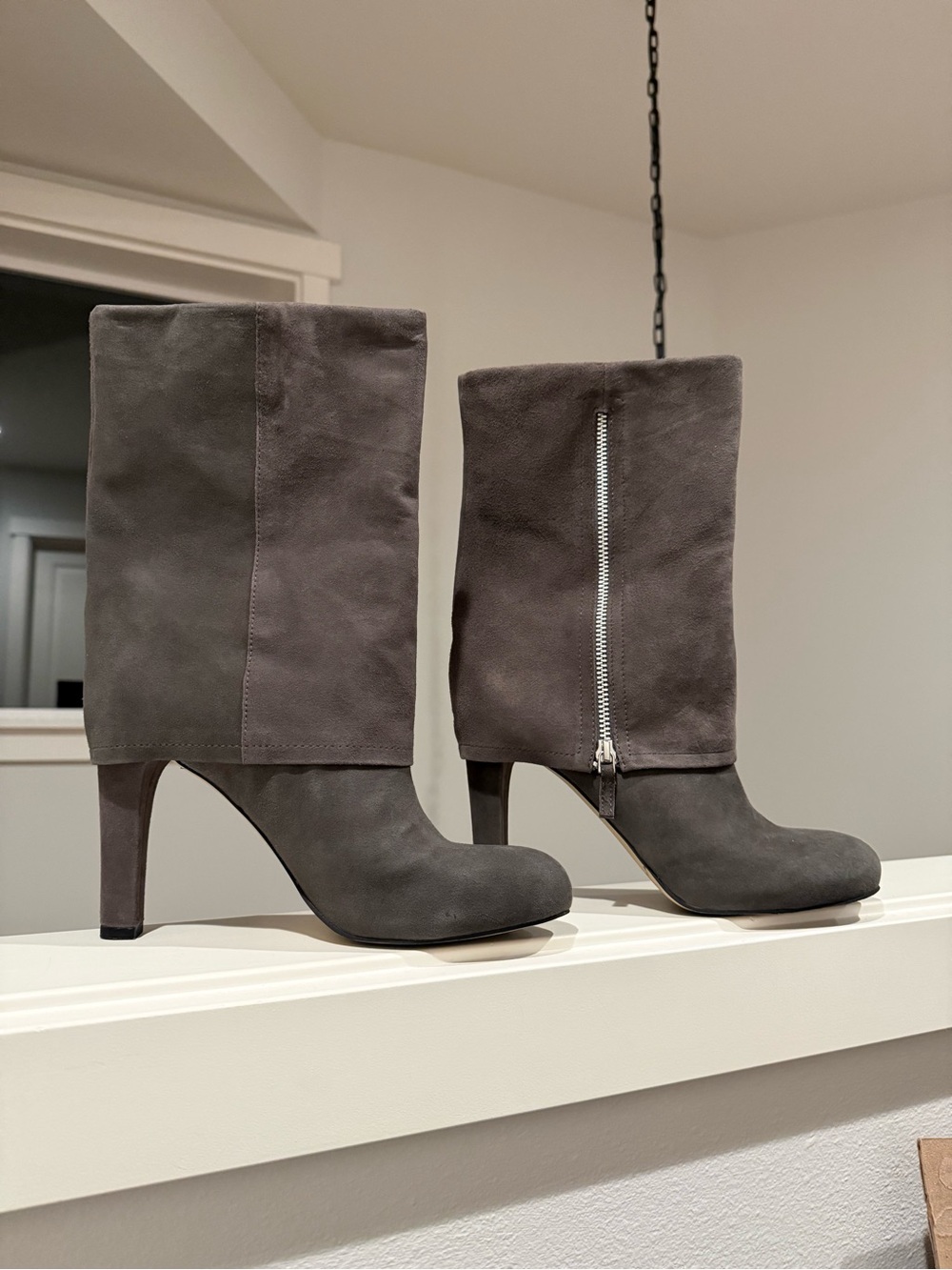 Franco Sarto Dark Gray Suede Mid-Calf Zip Heeled Boots